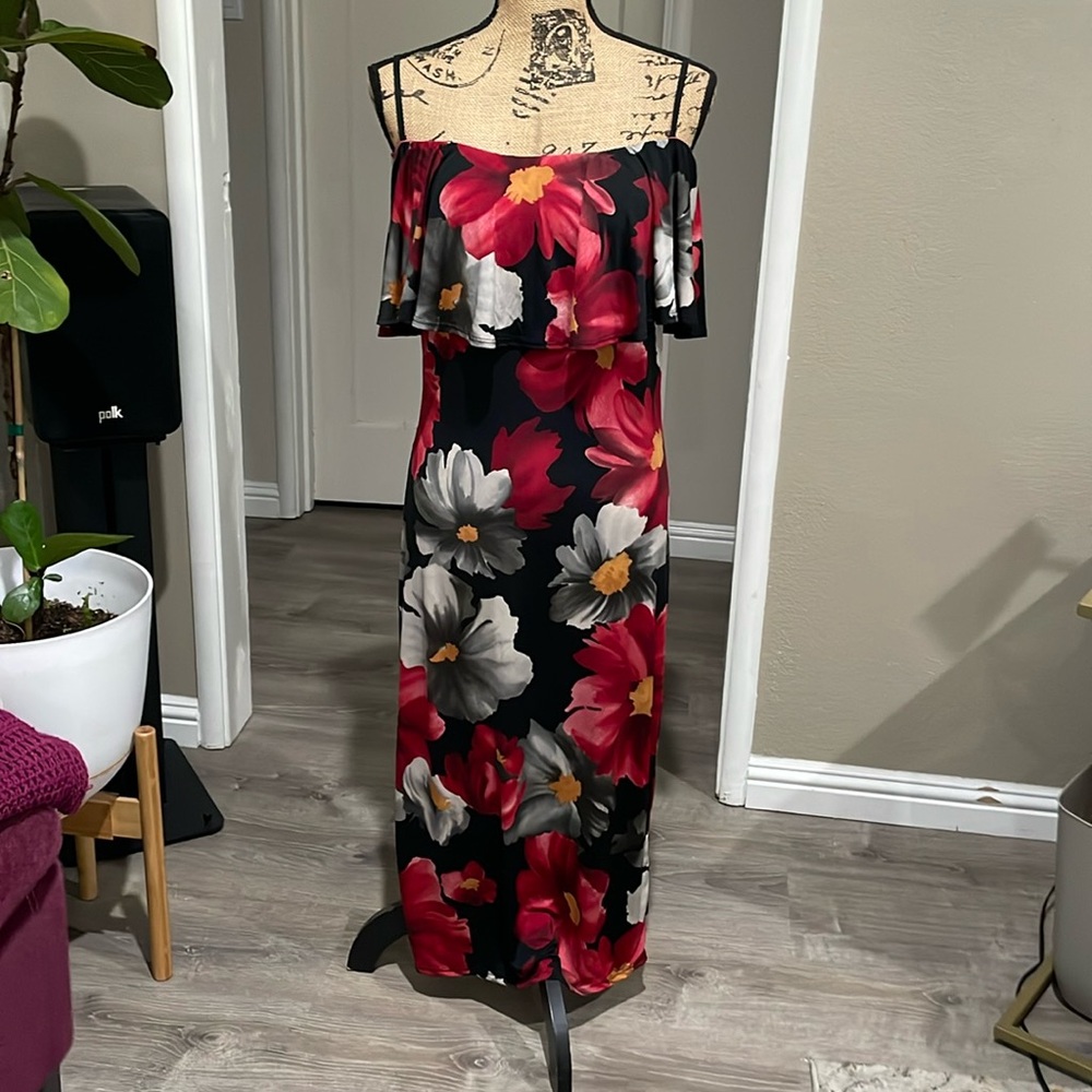 Red and gray floral off the shoulder dress